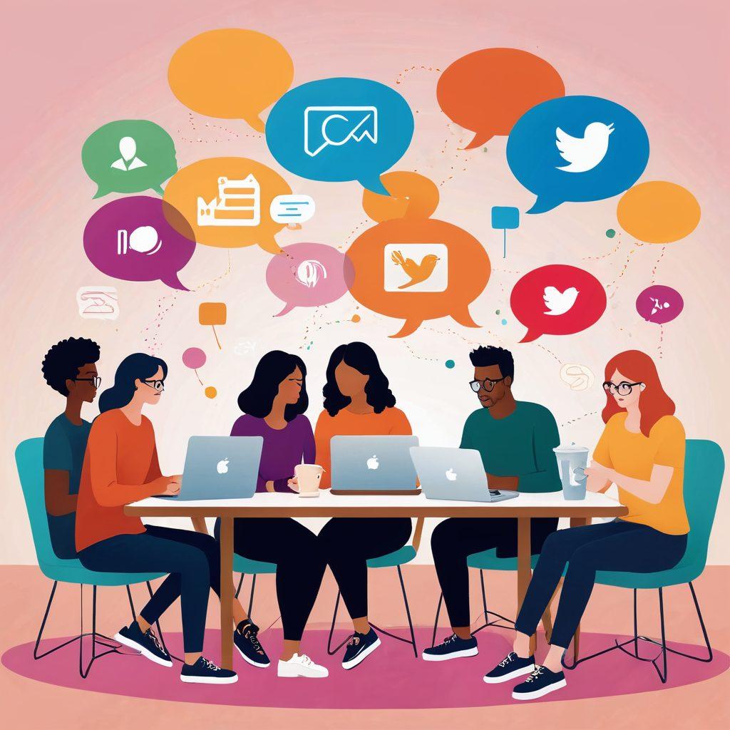 A vibrant illustration of a diverse group of bloggers gathered around a digital table, sharing ideas and engaging with each other. Include laptops, coffee cups, and colorful speech bubbles showcasing different platforms like social media, forums, and email. Emphasize a sense of community and collaboration in a cozy, inviting environment. colorful illustration. engaging details. dynamic composition.