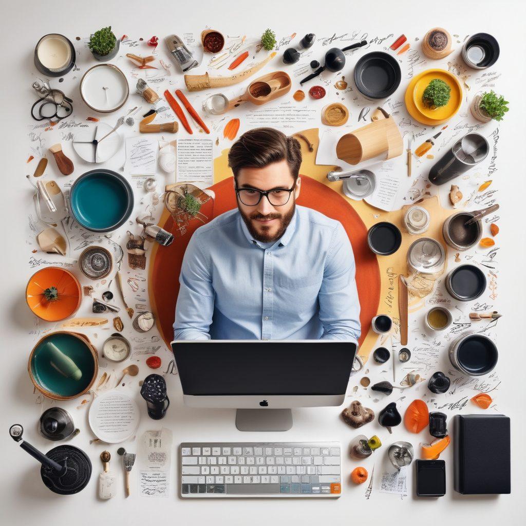 A vibrant and dynamic collage depicting a blogger at their workspace, surrounded by an array of eclectic items symbolizing diverse niches (like cooking, travel, tech). In the background, a rising spotlight illuminates a unique microphone, showcasing the theme of finding one's voice. The atmosphere is motivational, with quotes floating around in calligraphy. super-realistic. vibrant colors. white background.
