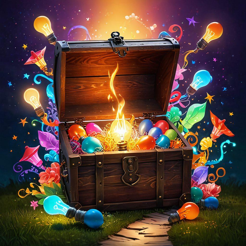 A whimsical, open treasure chest overflowing with glowing scrolls, each scroll containing blogging tips and tricks, surrounded by colorful lightbulbs representing ideas. In the background, a path leading to a horizon filled with creative inspiration and a welcoming community. Vibrant colors. digital illustration. whimsical style.